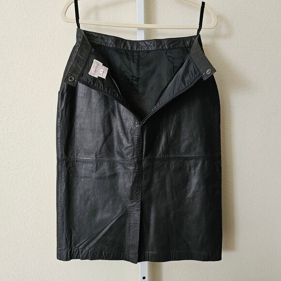 VTG SILVERLEAF Black Leather Pocket Snap Button Zipper Pencil Midi Skirt Sz 12 - Picture 3 of 16